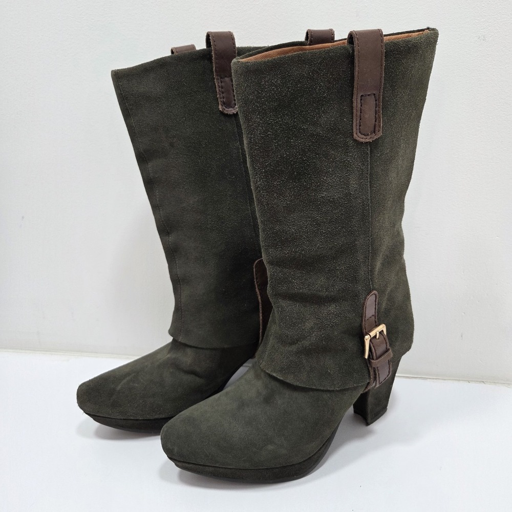 EARTHIES Lintz Pine‎ 8B Green Suede Leather mid-calf chunky heel platform boots